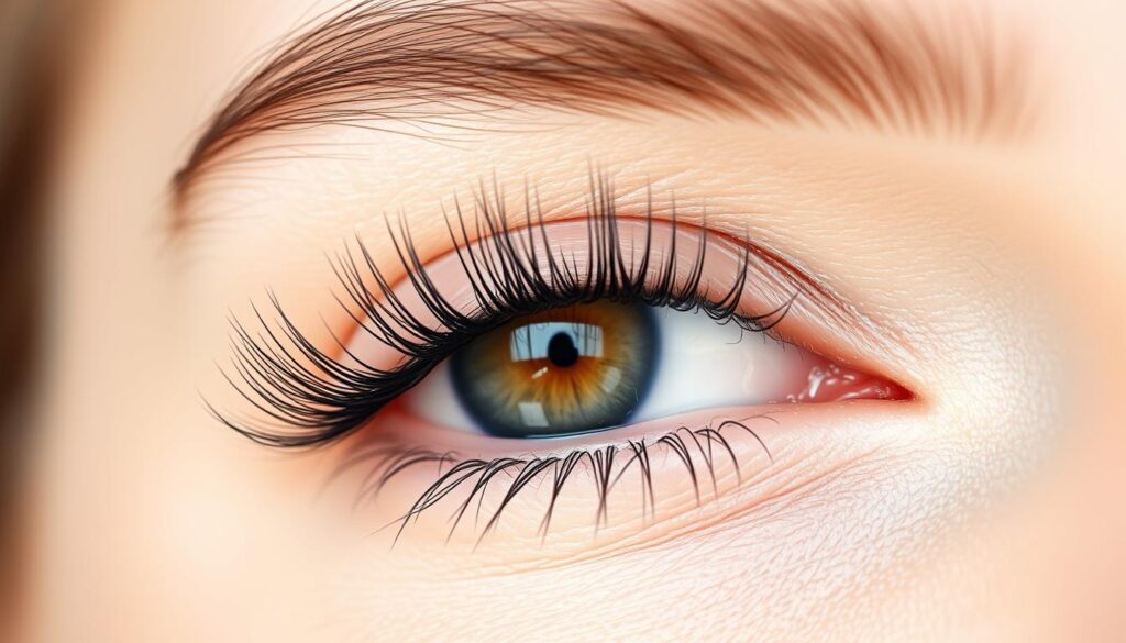 Nahaufnahme eines Auges mit langen, dichten Wimpern nach Anwendung des Wewell Wimpernserums Nahaufnahme eines Auges mit langen, dichten Wimpern nach Anwendung des Wewell Wimpernserums